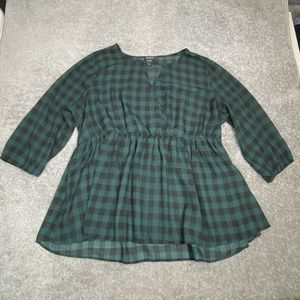 Torrid Blouse Plus Women 2X Green Black Plaid Empire Waist Faux Wrap Sheer Shirt